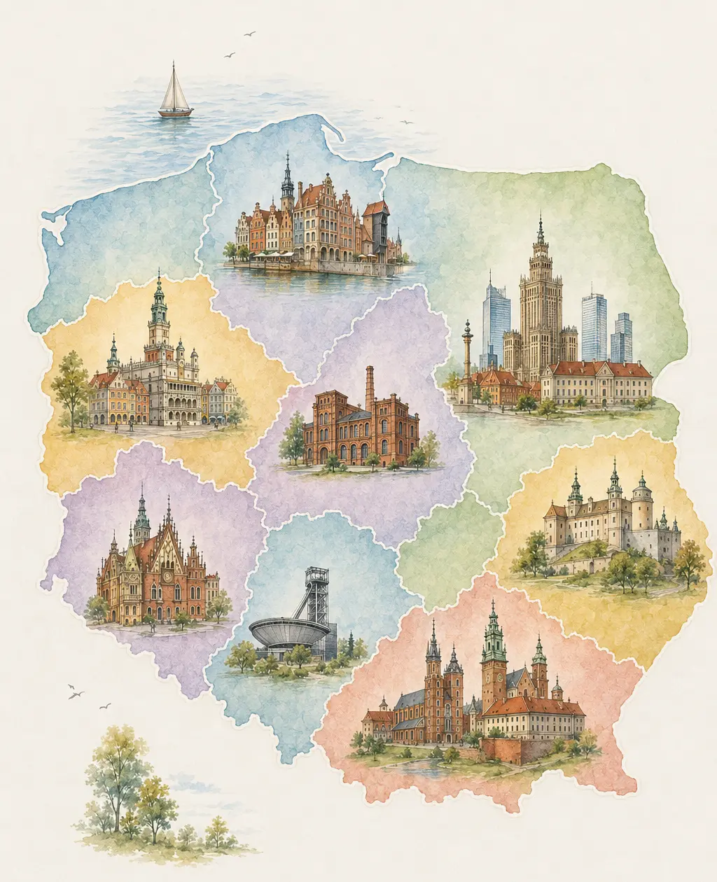 Ilustrowana akwarelowa mapa Polski z głównymi miastami akademickimi i zabytkami